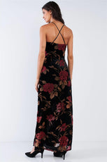 Black Velvet Multi Color Floral Print V-Neck Criss-Cross Back Straps Maxi Dress - Puritific