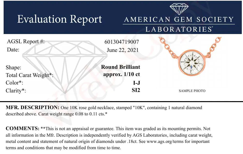 AGS Certified 10K Gold Bezel Set Round Diamond Solitaire 16-18" Adjustable Pendant Necklace (H-I Color, SI1-SI2 Clarity) - Puritific