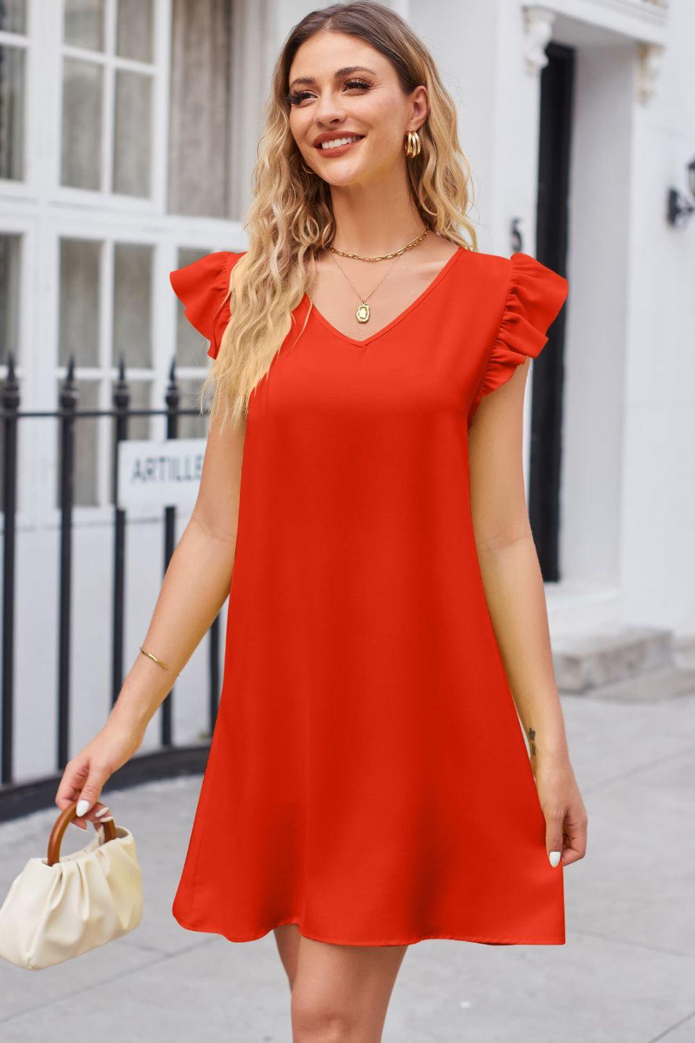 Ruffled V-Neck Flutter Sleeve Dress - Puritific