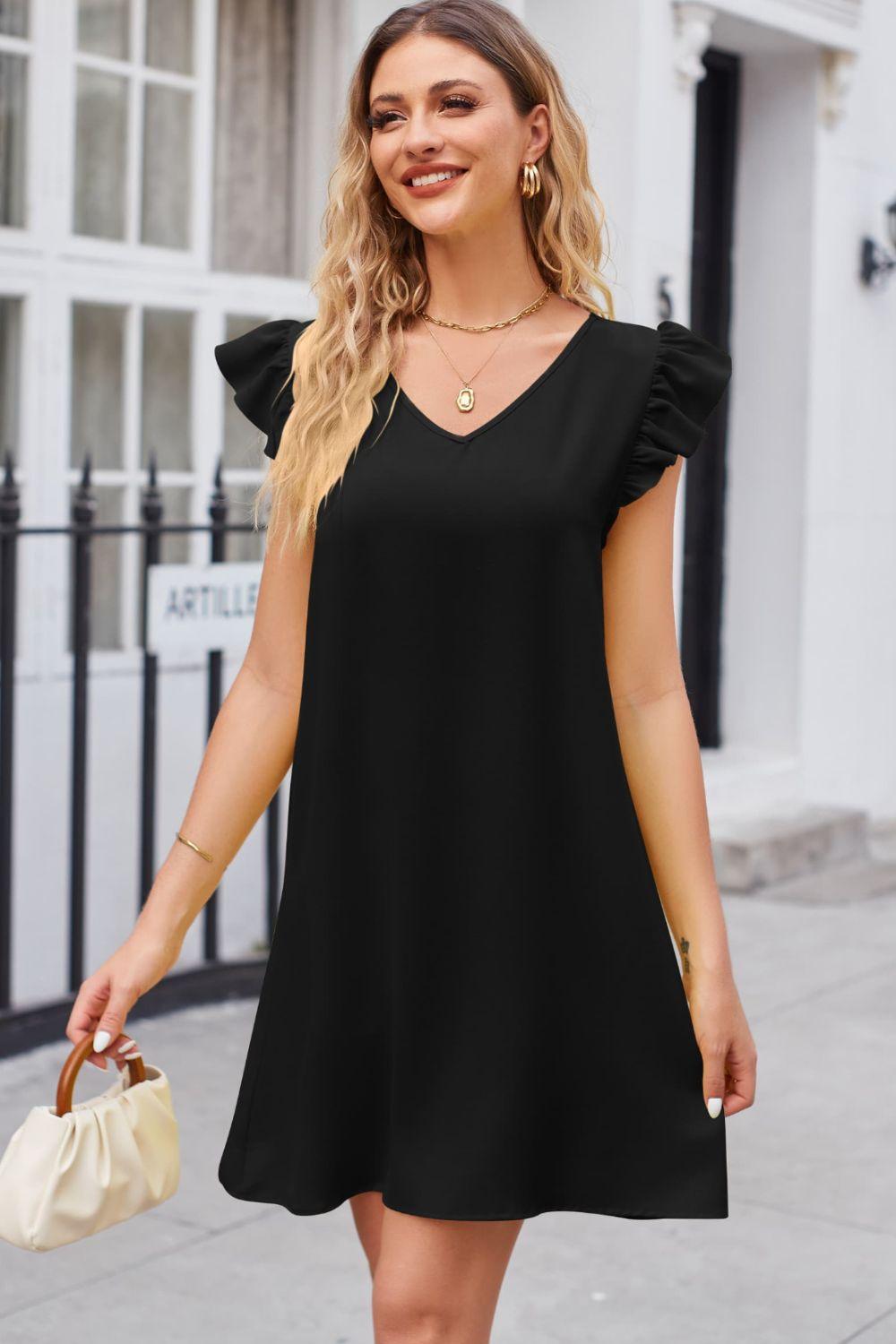 Ruffled V-Neck Flutter Sleeve Dress - Puritific