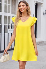 Ruffled V-Neck Flutter Sleeve Dress - Puritific