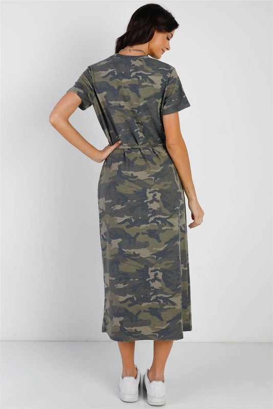 Dark Camo Self-Tie Belted Short Sleeve Midi Dress - Puritific