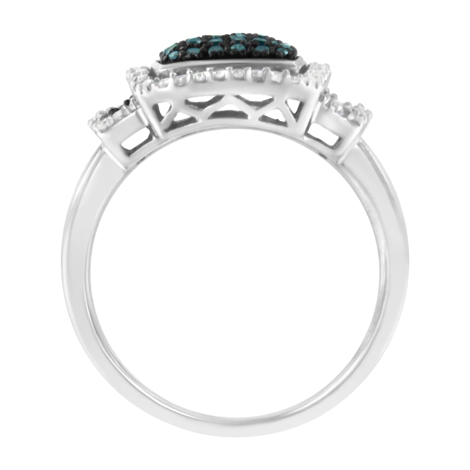 Black Rhodium Plated .925 Sterling Silver 1/2 Cttw White & Blue Diamond Square Halo Cocktail Ring (Fancy Blue & H-I Color, I2-I3 Clarity) - Puritific