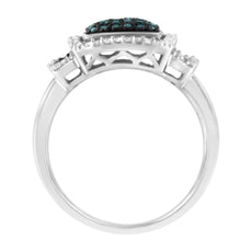 Black Rhodium Plated .925 Sterling Silver 1/2 Cttw White & Blue Diamond Square Halo Cocktail Ring (Fancy Blue & H-I Color, I2-I3 Clarity) - Puritific