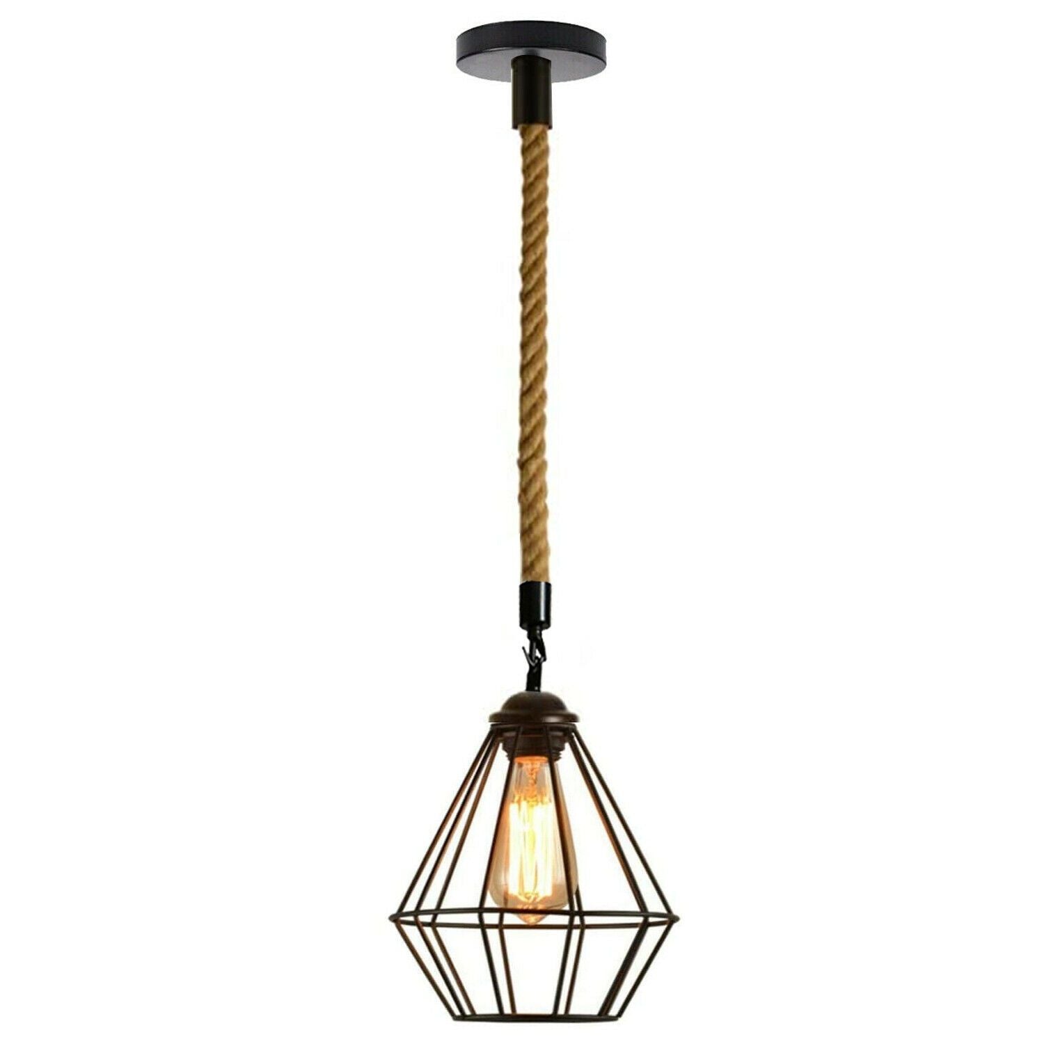 Vintgae E27 Industrial Pendant Retro Cage Edison Hemp Rope Ceiling Light Fixture~2026-4