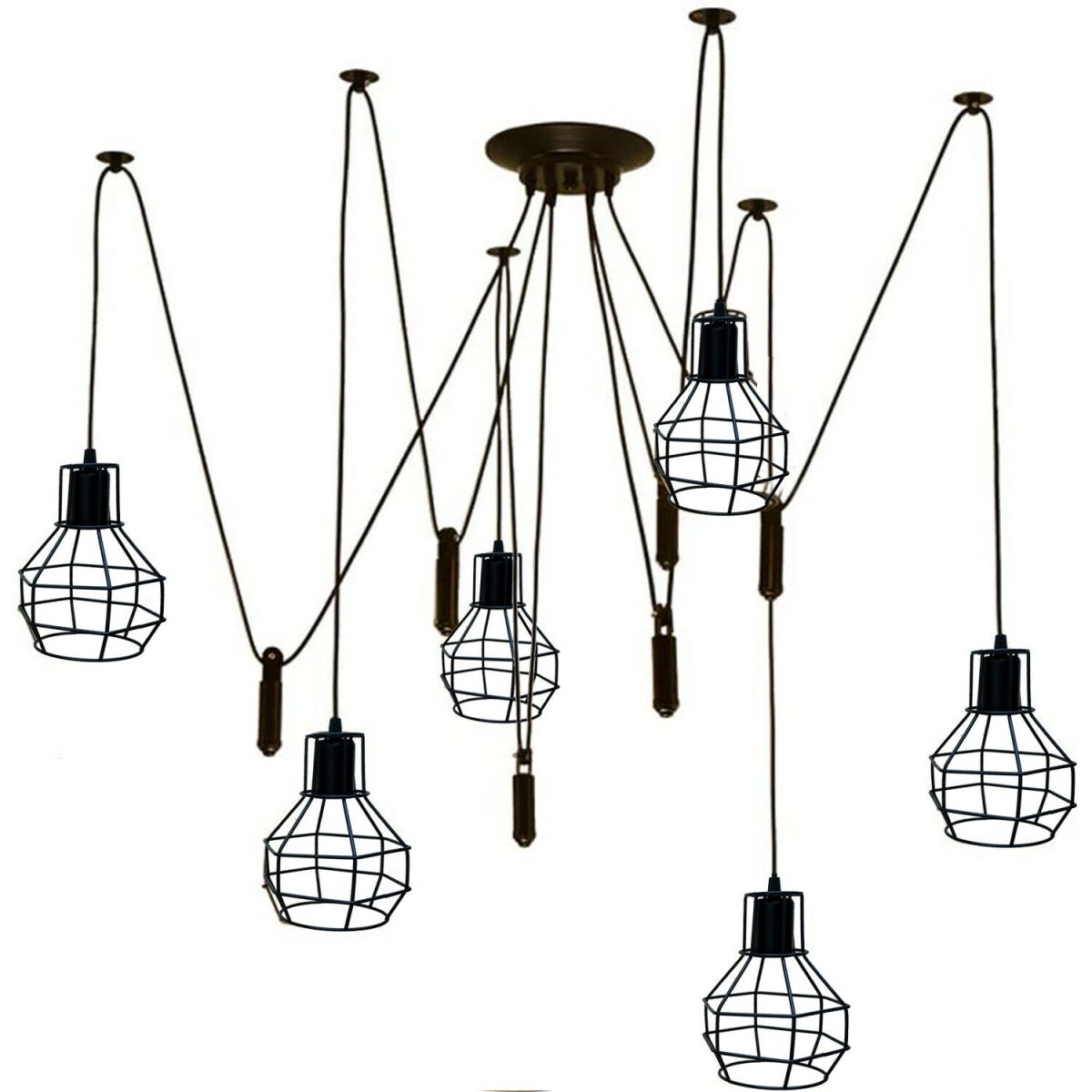 Black Spider Chandelier with Wire Cage 6 Out Let Pendant Light~2018-4