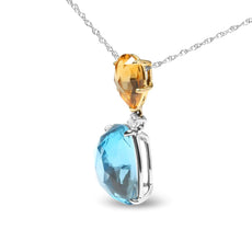 18K White and Yellow Gold Diamond Accent and Yellow Citrine and Sky Blue Topaz Gemstone Dangle Drop 18