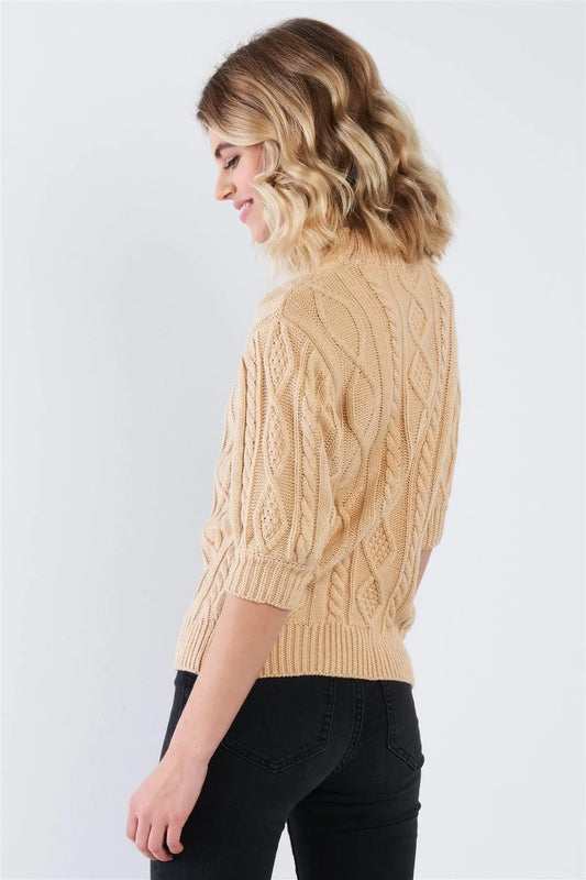 Beige Cable Knit Casual 3/4 Sleeve Mock Neck Chic Sweater - Puritific