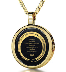 Serenity Prayer Necklace 24k Gold Inscribed Zen Circle Pendant - Puritific