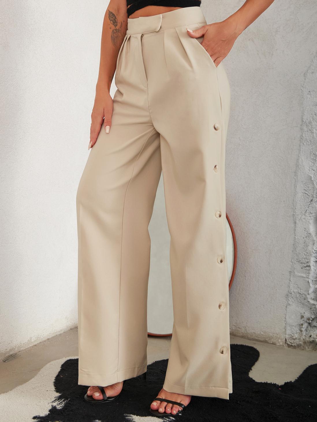 Side Button Pleated Wide Leg Pants - Puritific