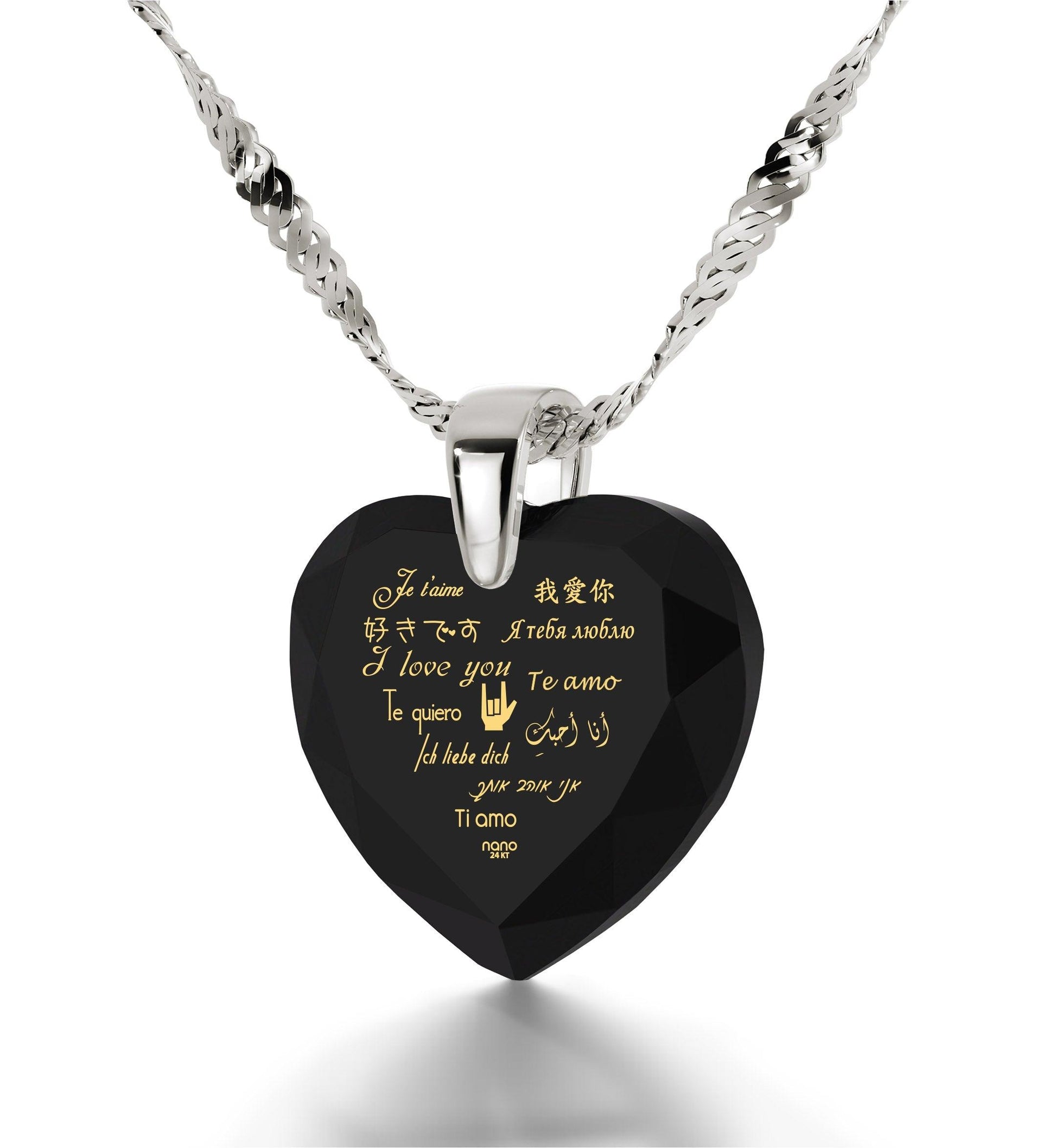 Silver Heart Necklace I Love You in 12 Languages 24k Gold Inscribed Cubic Zirconia - Puritific