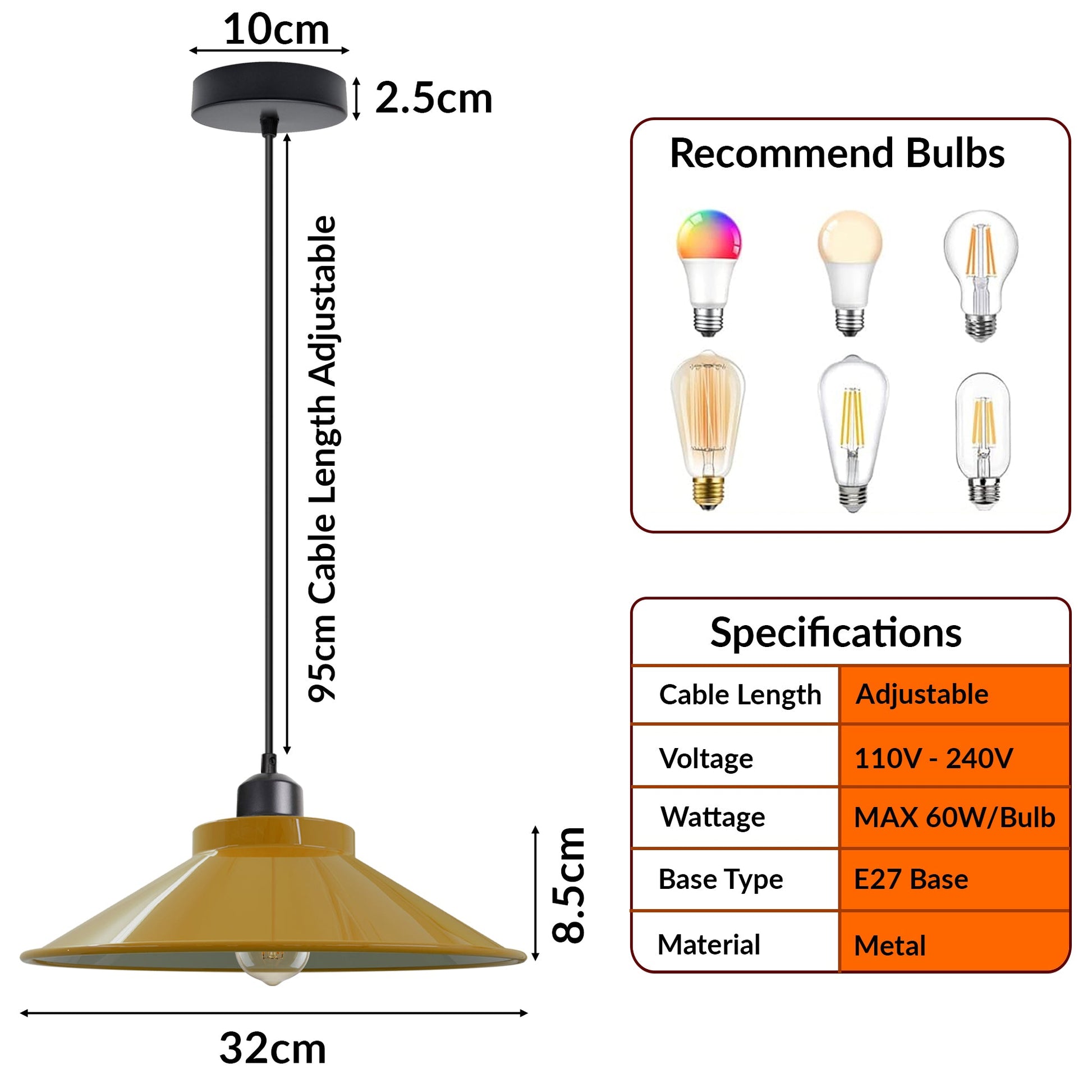 Vintage Metal Single Head Shade Adjustable Hanging Pendant Light~5410-2