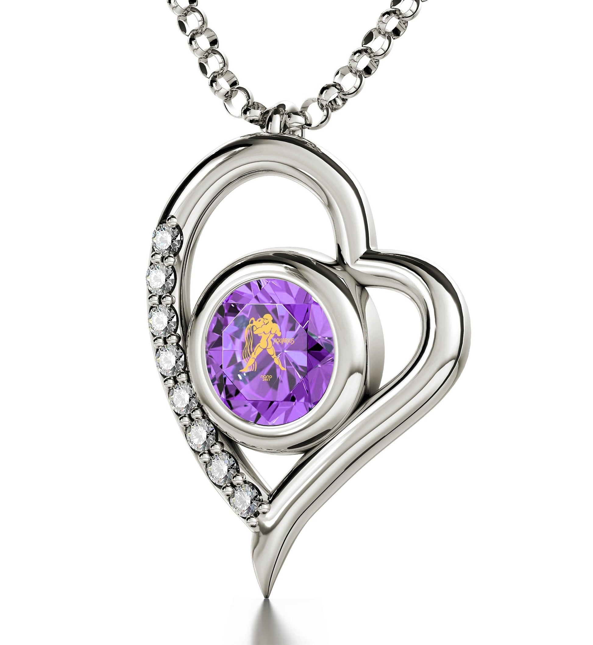 Sterling Silver Aquarius Necklace Zodiac Heart Pendant 24k Gold inscribed on Crystal - Puritific