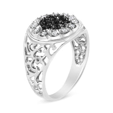 .925 Sterling Silver 1/4 Cttw White and Black Treated Diamond Halo Cluster Ring for Men (I-J Color, I3 Clarity) - Puritific