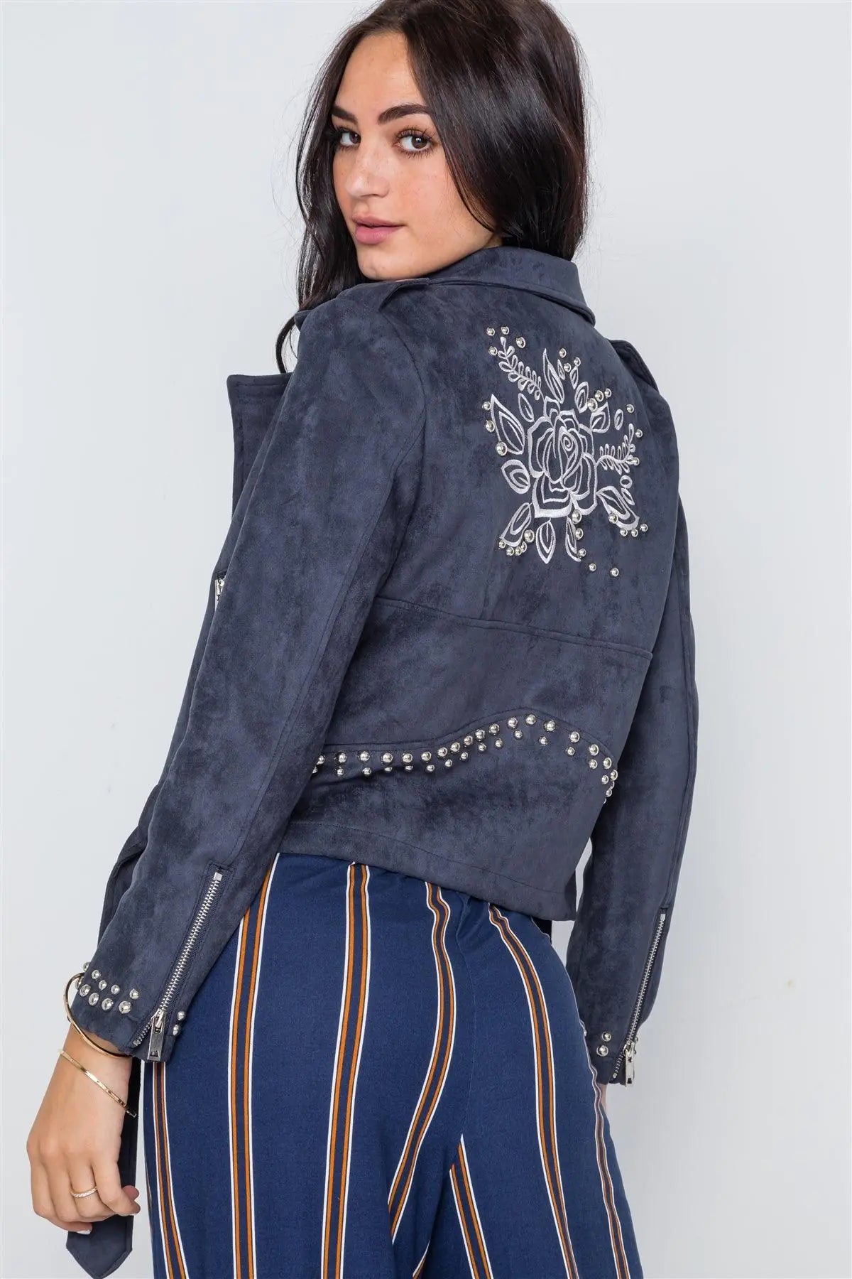 Blue Studded Embroidery Faux Suede Moto Jacket /2-2-2 - Puritific