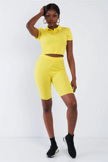 Neon Yellow Athletic Short Sleeve Polo Ribbed Crop Top & Biker Short Set /3-2-1