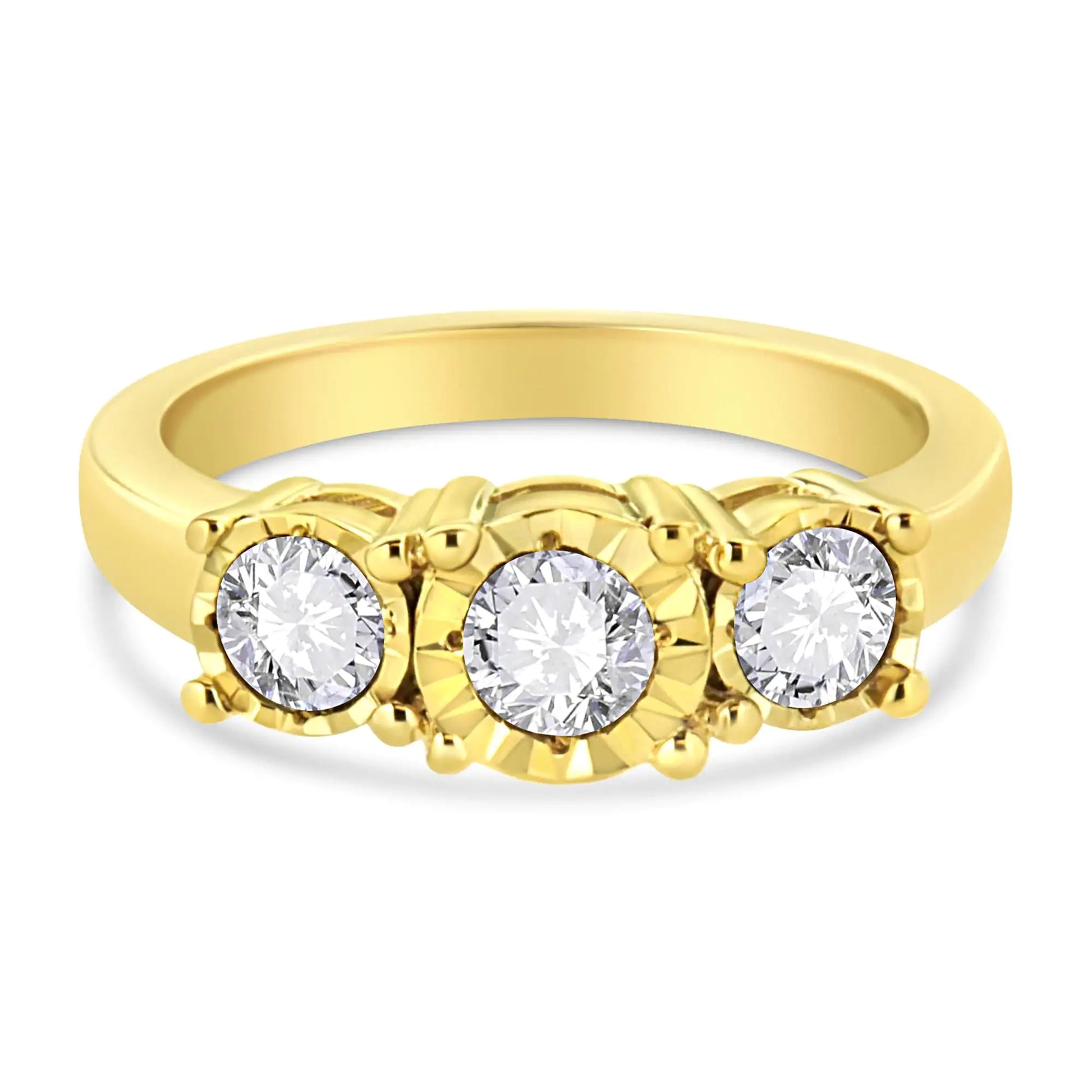 14K Yellow Gold Plated .925 Sterling Silver 1.00 Cttw Miracle-Set Round Diamond Three Stone Engagement Ring (K-L Color, I1-I2 Clarity) - Puritific