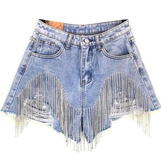 Tassel Rhinestone Denim Shorts - Puritific