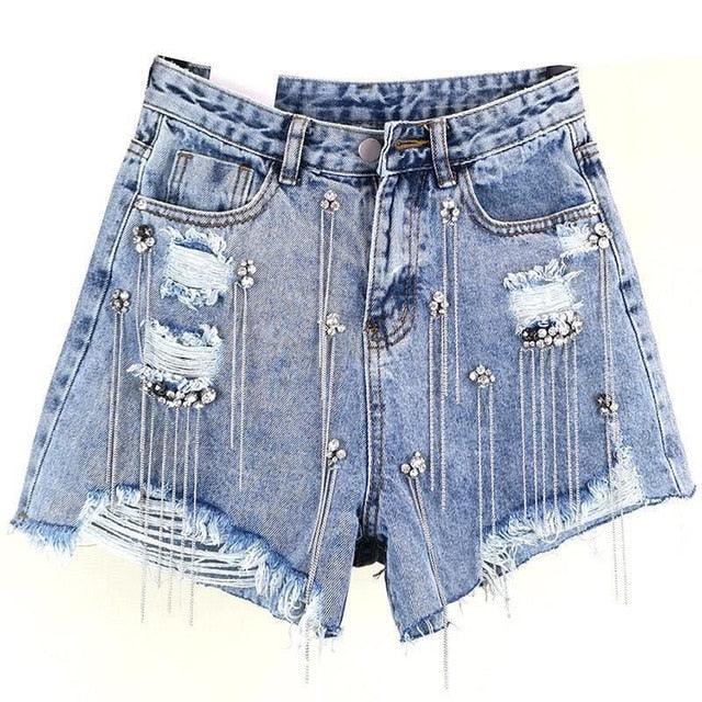 Tassel Rhinestone Denim Shorts - Puritific