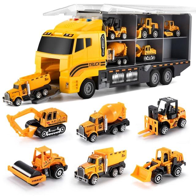 TEMI Big Container Transporter Playset with Play Mat &amp; 6PCS Mini Engineering Vehicle Car Model Toys For Kids Boys Gifts - Puritific