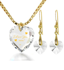 Tiny Heart Jewelry Set 24k Gold Inscribed I Love You More Necklace and Drop Earrings - Puritific