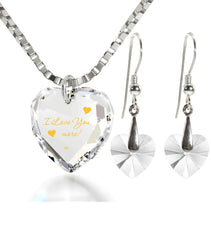 Tiny Heart Jewelry Set 24k Gold Inscribed I Love You More Necklace and Drop Earrings - Puritific