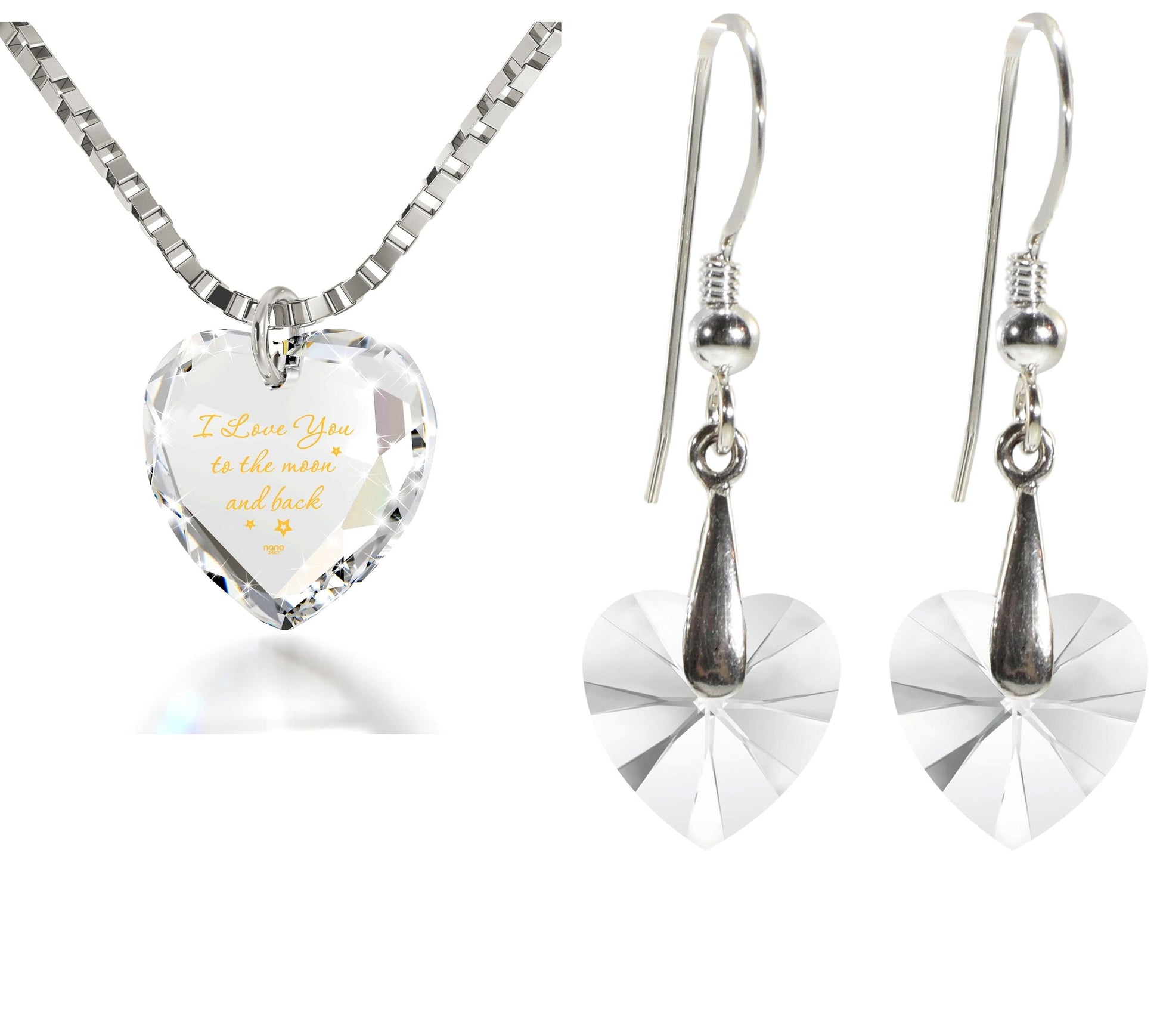 Tiny Heart Jewelry Set 24k Gold Inscribed I Love You to the Moon and Back Necklace and Drop Earrings - Puritific