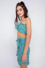 Green Boho White Floral Print Bandeau Mini Wrap Skirt Set