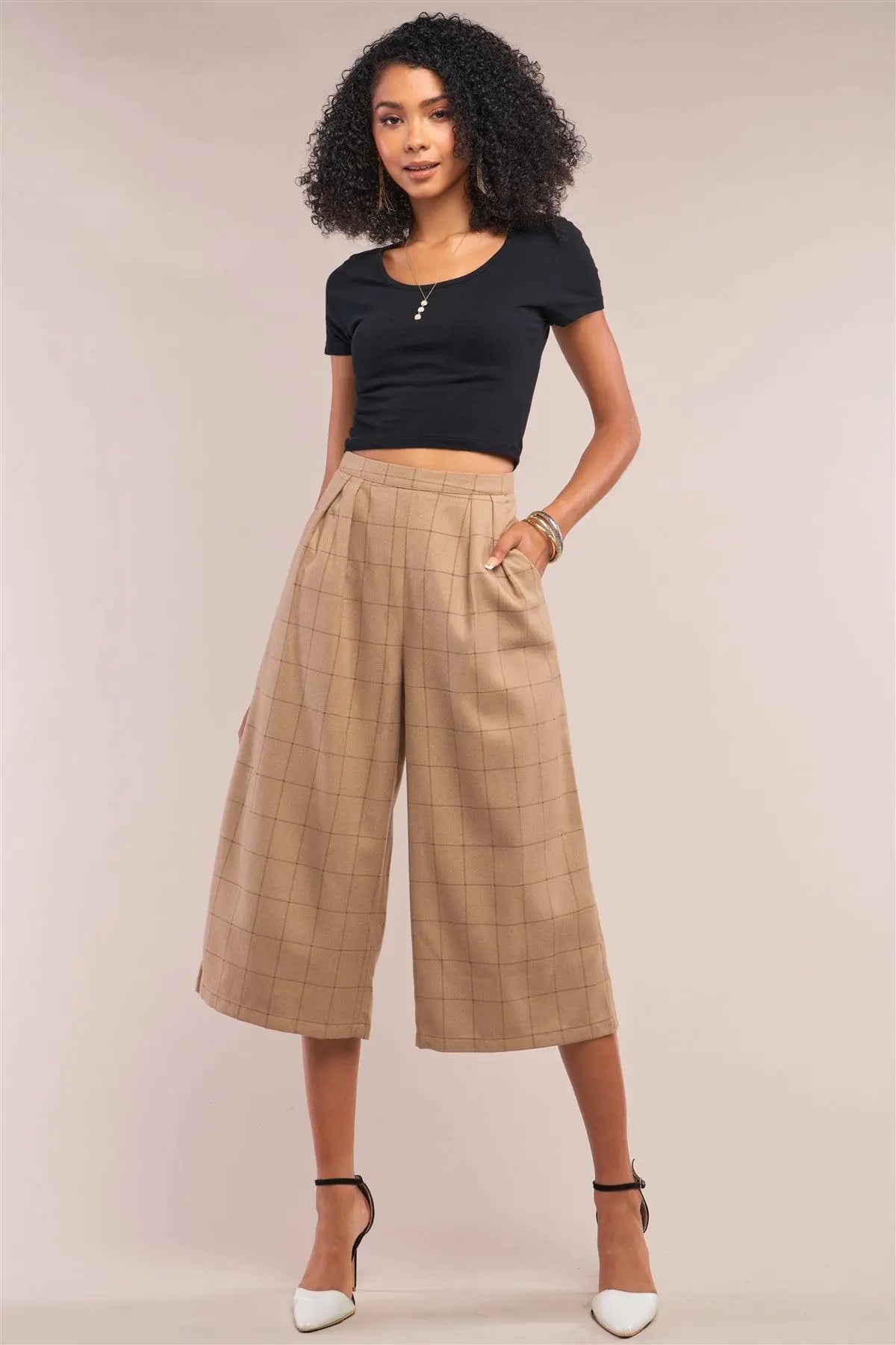 Camel Plaid Checkered High Waisted Pleated Detail Wide Leg Pants /2-1-2-1