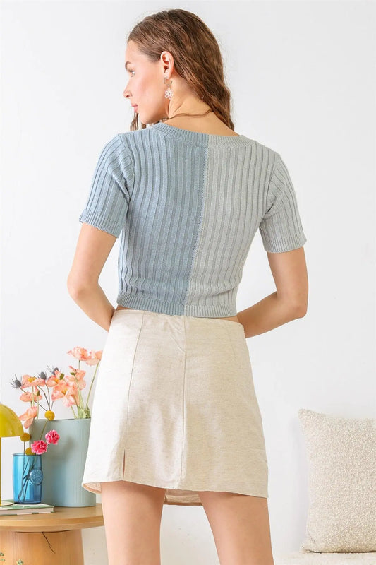 Baby Blue Multi Colorblocked Ribbed Knit Short Sleeve Crop Top /2-2-1 - Puritific