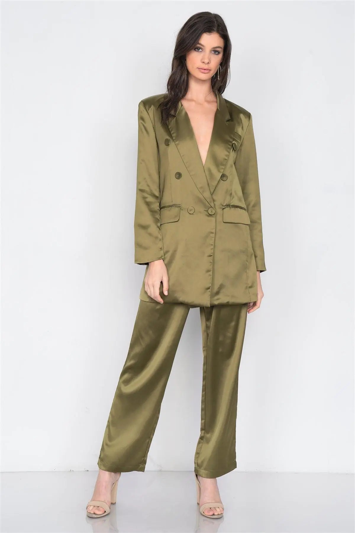 Olive Silk Boyfriend Blazer & Chic High-Waist Pleated Ankle Pant Set   /3-2-1