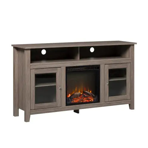 Classic Glass-Door Fireplace Tall TV Stand For TVs Up To- Driftwood