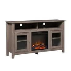 Classic Glass-Door Fireplace Tall TV Stand For TVs Up To- Driftwood