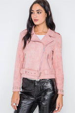 Pink Studded Embroidery Faux Suede Moto Jacket /2-1-2