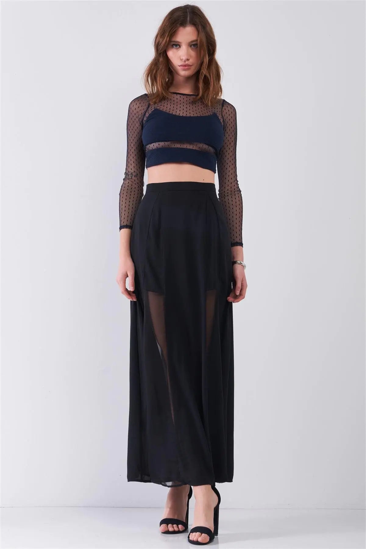 Black Combo Sheer Mesh Cut-Ins High Waist Maxi Skirt /1-2-1 - Puritific