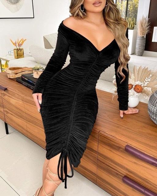 Velvet Drawstring Off Shoulder Midi Dress - Puritific