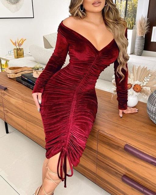 Velvet Drawstring Off Shoulder Midi Dress - Puritific