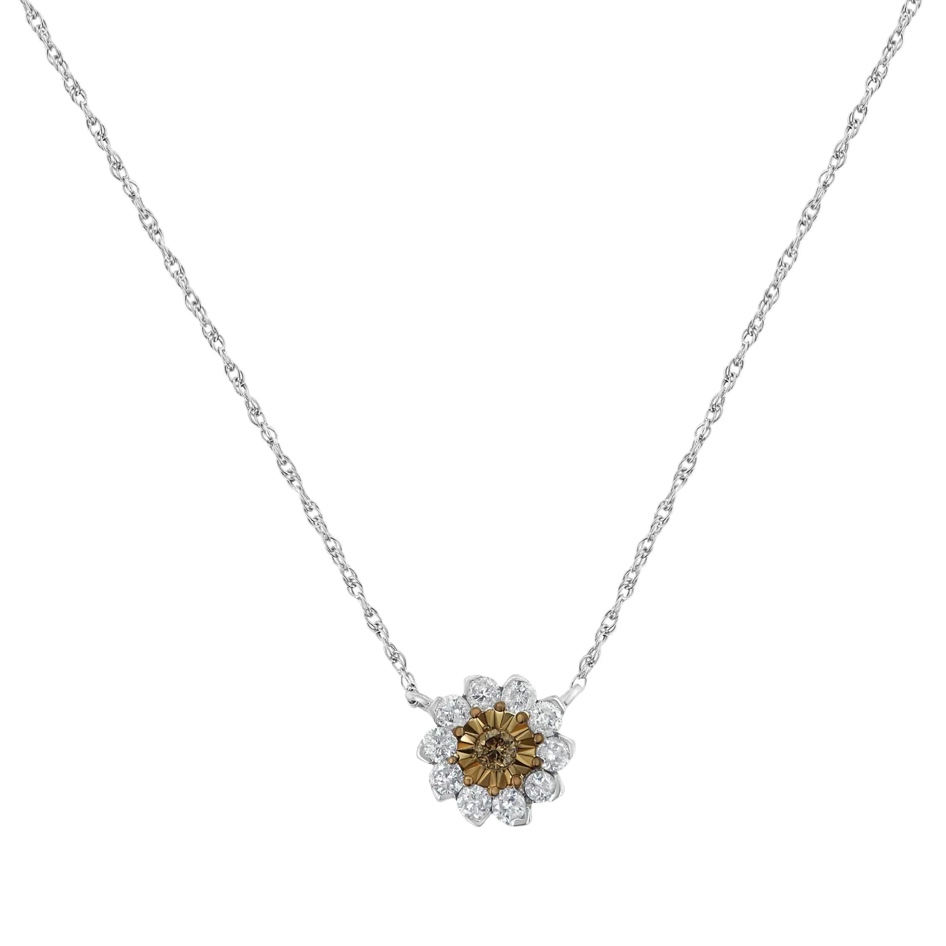 Brown Rhodium over .925 Sterling Silver 1/2 Cttw Diamond Miracle Plate Flower Cluster 18" Pendant Necklace (Champagne and I-J Color, I1-I2 Clarity) - Puritific