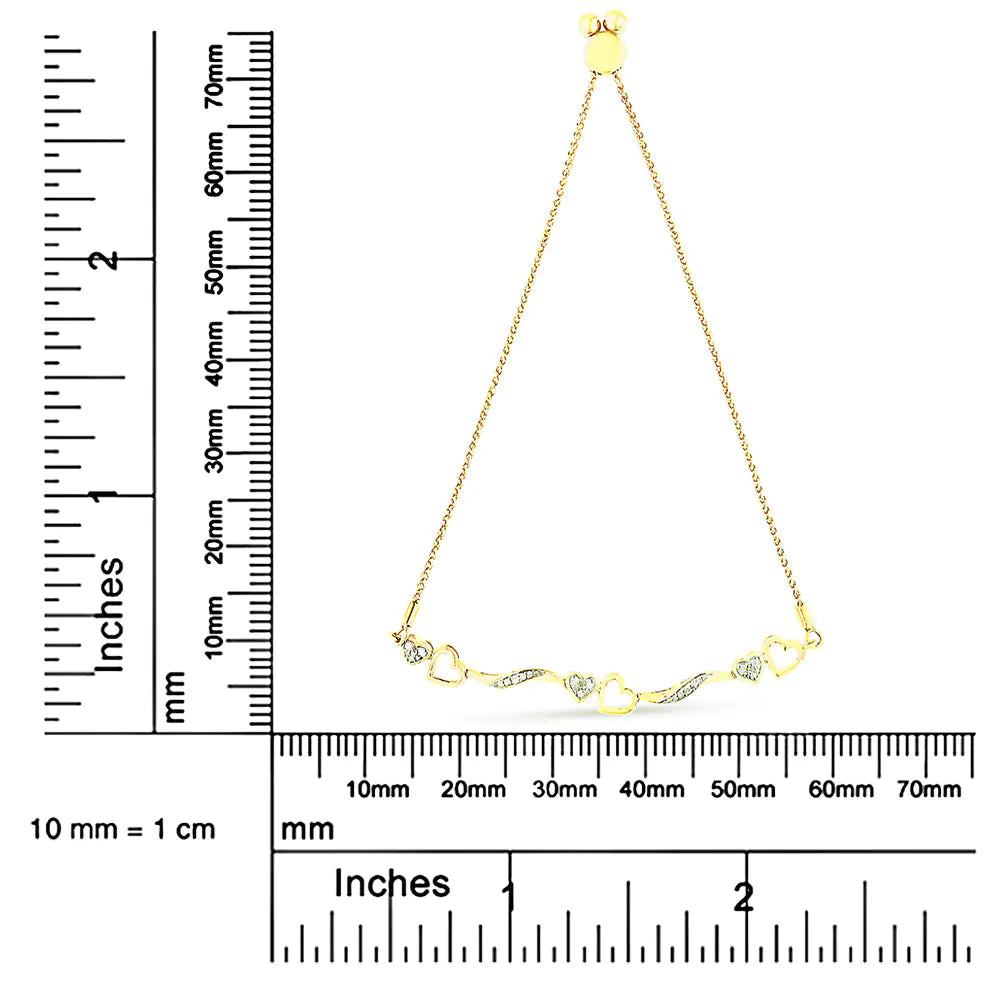 14K Yellow Gold Plated .925 Sterling Silver 1/10 Cttw Diamond Wave and Hearts 4”-10” Adjustable Bolo Bracelet (I-J Color, I3 Clarity) - Puritific