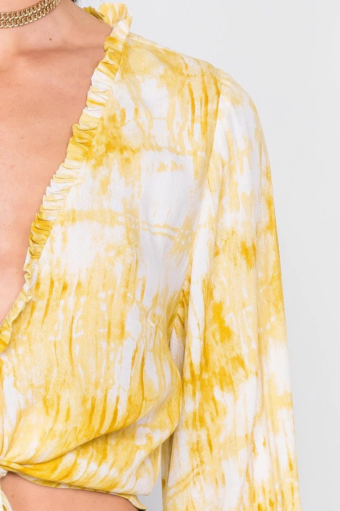 Yellow Tie Dye Open V-Neck Frill Detail Self Tie Crop Top /4-2-1 - Puritific