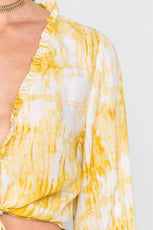 Yellow Tie Dye Open V-Neck Frill Detail Self Tie Crop Top /4-2-1 - Puritific