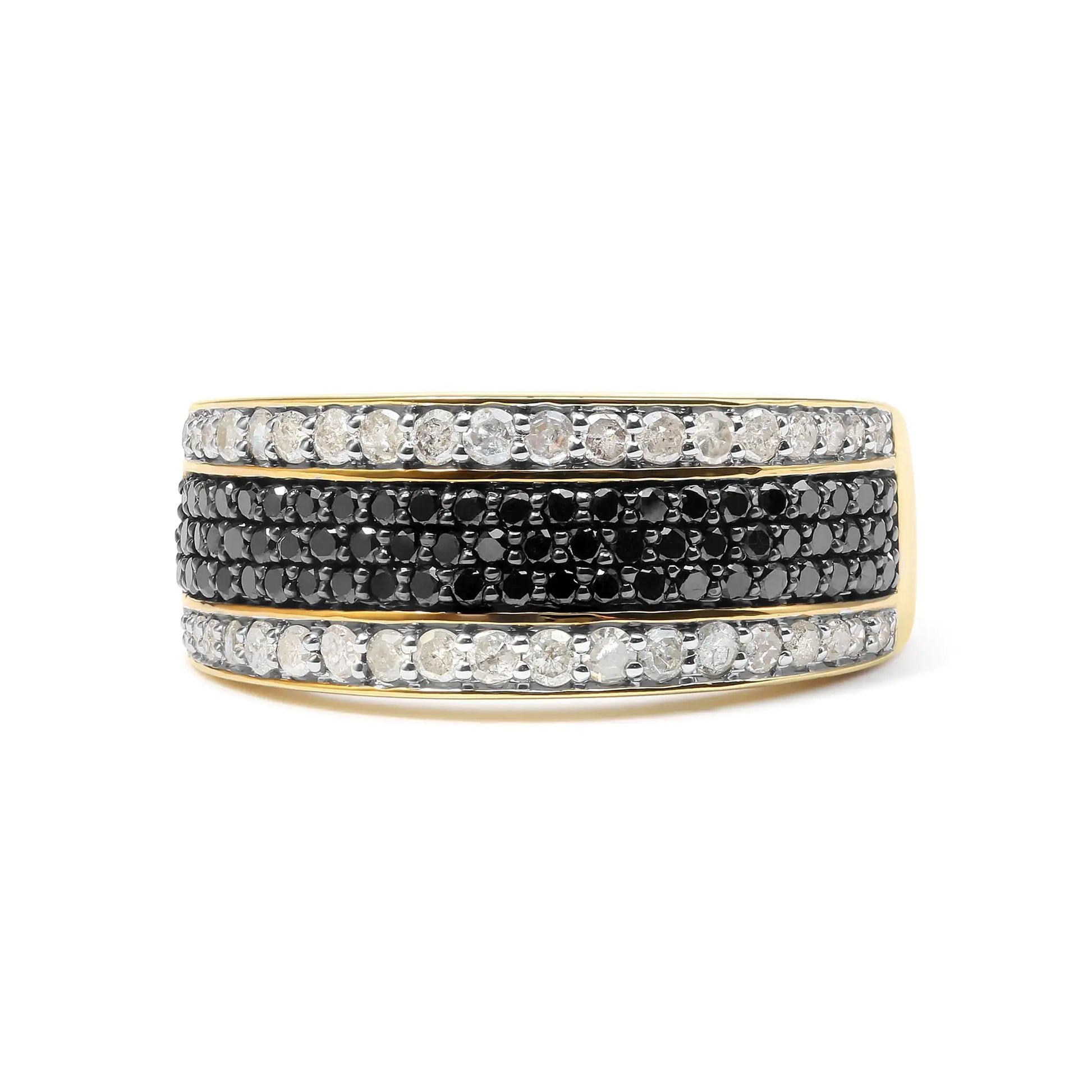 14K Yellow Gold Plated .925 Sterling Silver 1 1/4 Cttw White and Black Treated Diamond Multi Row Band (Black/I-J Color, I2-I3 Clarity) - Puritific