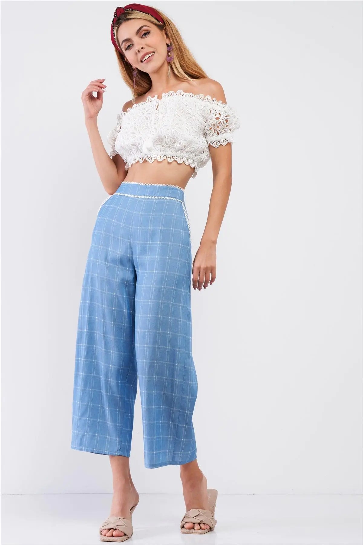 Baby Blue High Waisted Checkered White Lace Trim Wide Leg Pants /3-2-1 - Puritific