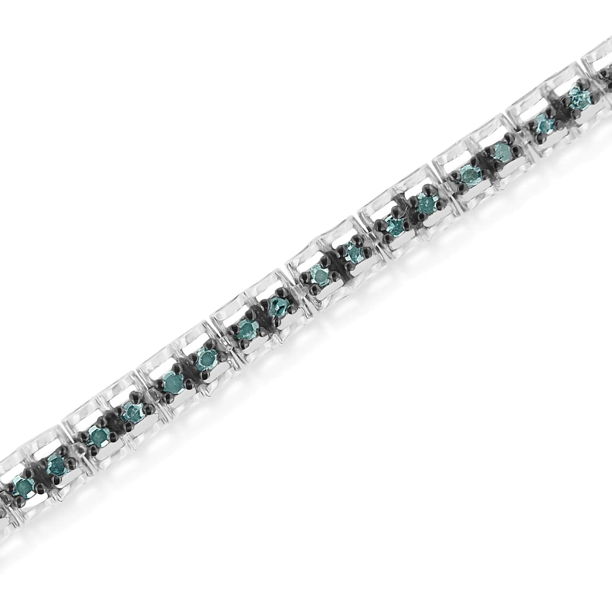 Black Rhodium over .925 Sterling Silver 1.0 Cttw Rose Cut Diamond Double-Link 7" Tennis Bracelet (Blue Color, I1-I2 Clarity) - Puritific