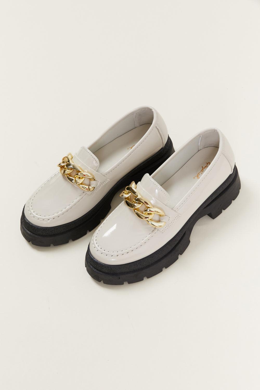 White Patent Leather Chunky Heel Loafers - Puritific