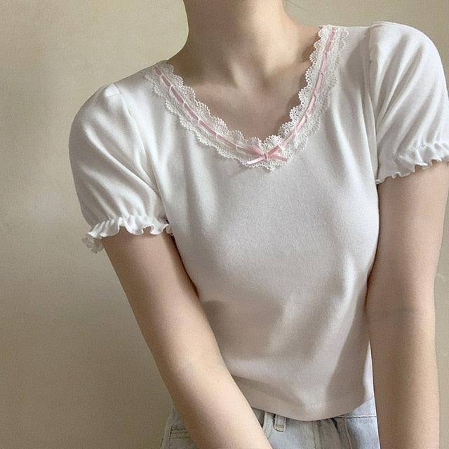 White T-Shirt for Sweet Girl Ribbon Lace Trim V-Neck Bowknot Puff Sleeve Slim Cotton TShirt Kawaii Clothes Summer Tops - Puritific