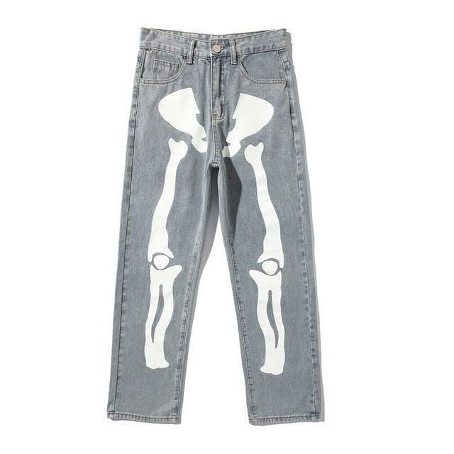 Wide Leg Skeleton Print Jeans - Puritific