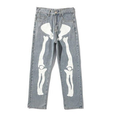 Wide Leg Skeleton Print Jeans - Puritific