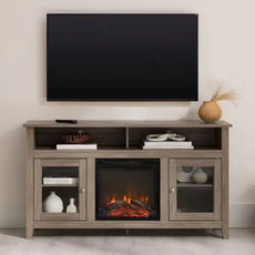 Classic Glass-Door Fireplace Tall TV Stand For TVs Up To- Driftwood