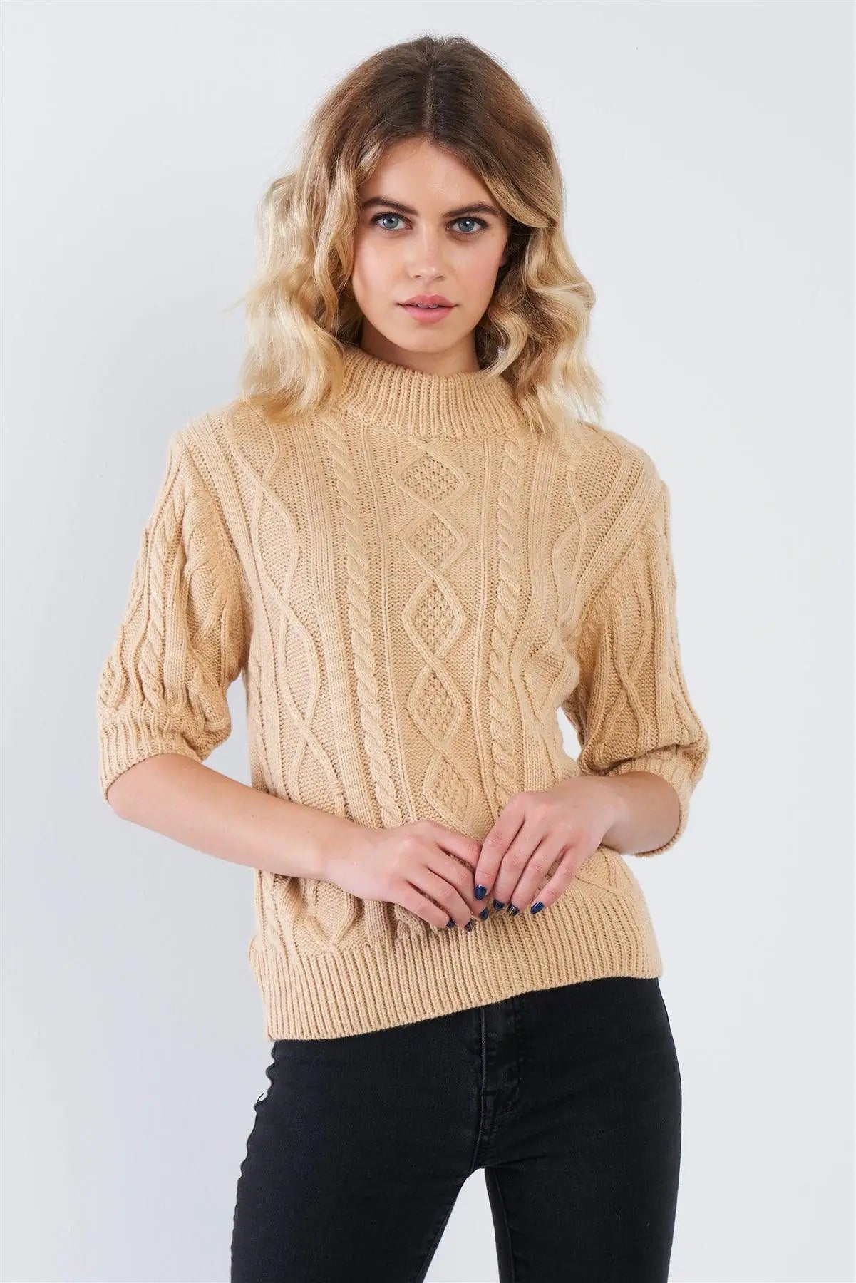 Beige Cable Knit Casual 3/4 Sleeve Mock Neck Chic Sweater - Puritific